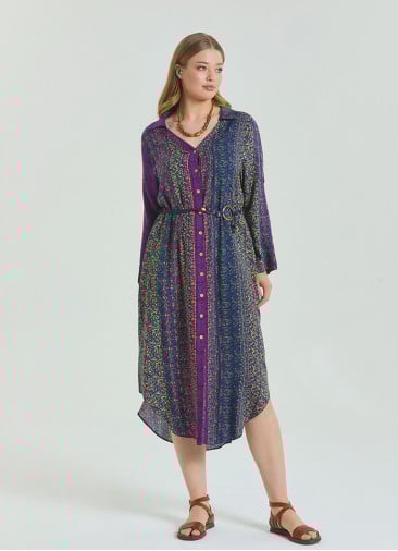 Shirt Collar Belt Detailed Purple Patterned Long Sleeve Plus Size Dress 4612